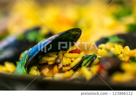 The chef prepares a traditional seafood paella on the grill. Traditional spanish dish. The chef prepares a traditional seafood paella on the grill. Traditional spanish dish. 123866112