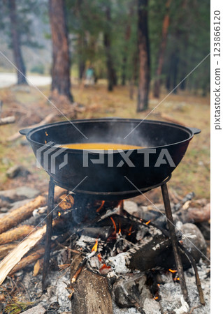 Engaging in Outdoor Cooking by Skillfully Using a Large Pot Over an Open Fire in Nature 123866120