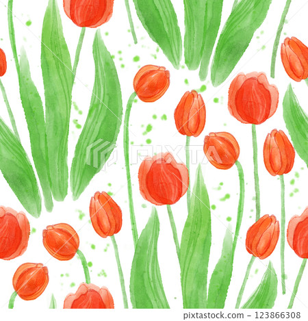 Seamless pattern with red watercolor tulips on a white background 123866308