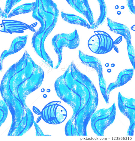 Seamless pattern with fish and seaweed in bright turquoise colors Seamless pattern with fish and seaweed in bright turquoise colors 123866310