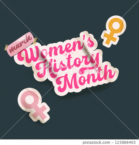 Women s History Month Pink Script Typography with Female Symbols, Celebrate March with Vintage Stickers and Empowering Design Women s History Month Pink Script Typography with Female Symbols, Celebrate March with Vintage Stickers and Empowering Design 123866403