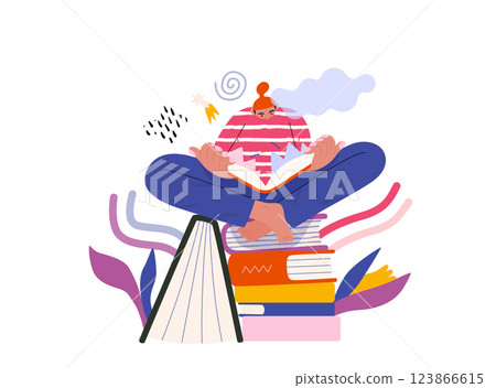 Life Unframed: Book universe -modern flat vector concept illustration of a reader on stack of books. Metaphor of unpredictability, imagination, whimsy, cycle of existence, play, growth and discovery Life Unframed: Book universe -modern flat vector concept illustration of a reader on stack of books. Metaphor of unpredictability, imagination, whimsy, cycle of existence, play, growth and discovery 123866615