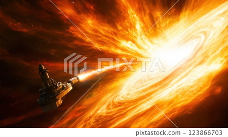 Research vessel at the edge of a dying star tornado, apocalyptic beauty. View from space 123866703