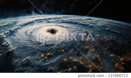 High-altitude perspective of a massive storm, city lights faintly visible below. View from space High-altitude perspective of a massive storm, city lights faintly visible below. View from space 123866713