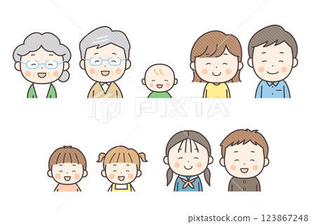 Set of upper body illustrations of various generations with smiling faces Set of upper body illustrations of various generations with smiling faces 123867248