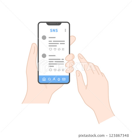 插圖（線條畫、彩色），描繪一個人正在查看智慧型手機上顯示的 SNS 時間線 123867348