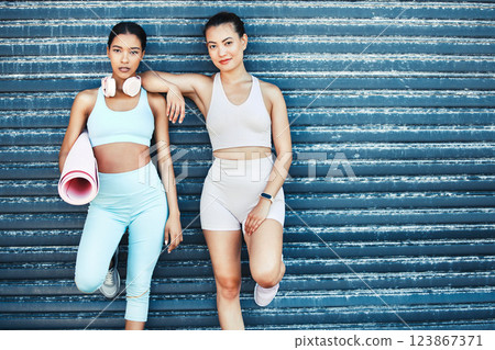 Training, yoga mat and portrait of friends in the city for an outdoor pilates workout together. Fitness, wellness and healthy women athletes in a urban town for outside meditation exercise for health 123867371