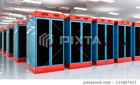 Servers. Servers room data center. Backup, mining, hosting, mainframe, farm and computer rack with storage information. 3d rendering Servers. Servers room data center. Backup, mining, hosting, mainframe, farm and computer rack with storage information. 3d rendering 123867421
