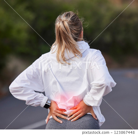 Woman, back pain and red injury in wellness exercise, training and health workout on Australian countryside road or street. Ache, inflammation and body tension for fitness marathon and sports runner Woman, back pain and red injury in wellness exercise, training and health workout on Australian countryside road or street. Ache, inflammation and body tension for fitness marathon and sports runner 123867448