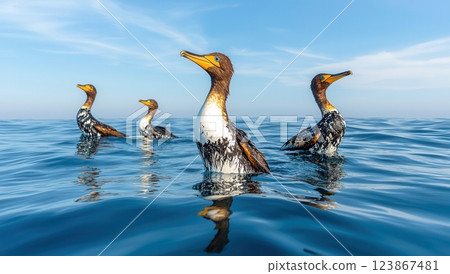 Three seabirds swimming in the ocean, showcasing the impact of an oil spill on marine life, with clear blue skies in the background. 123867481