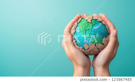 Hands holding a cracked Earth globe, symbolizing environmental issues and climate change, with a focus on sustainability and care for the planet. Hands holding a cracked Earth globe, symbolizing environmental issues and climate change, with a focus on sustainability and care for the planet. 123867485
