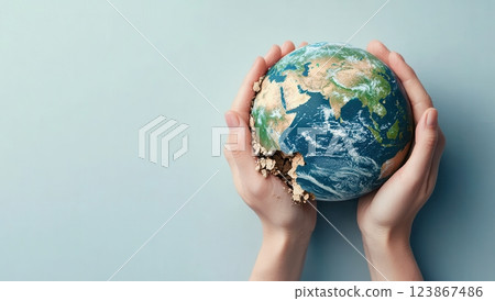 Hands holding a cracked Earth, symbolizing environmental issues and climate change, with a piece crumbling away, representing the fragility of our planet. 123867486