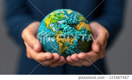 Hands holding a globe covered in oil and smog, symbolizing environmental issues and pollution, highlighting the impact of human activity on the planet. 123867487
