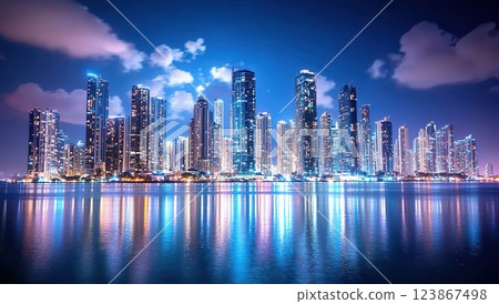City skyline at night with illuminated skyscrapers reflecting on water, showcasing vibrant lights and urban architecture in a modern metropolis. 123867498