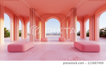 Modern interior design featuring pink arches and minimalist furniture, showcasing a serene view of mountains and greenery through large windows. 123867499