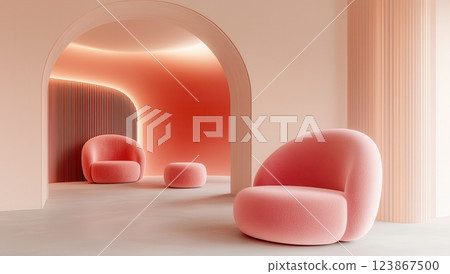 Modern interior design featuring stylish pink furniture in a minimalist space, showcasing contemporary aesthetics and soft lighting. Modern interior design featuring stylish pink furniture in a minimalist space, showcasing contemporary aesthetics and soft lighting. 123867500