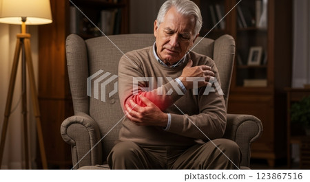 Senior man suffering from elbow pain, arthritis, bone problem, muscle inflammation, health problem concept. Senior man suffering from elbow pain, arthritis, bone problem, muscle inflammation, health problem concept. 123867516