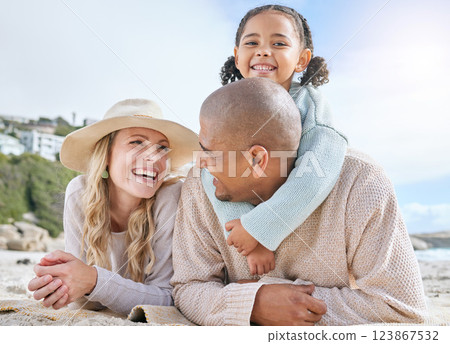 Beach, family and child relax on sand for outdoor holiday with sky mock up. Mother, father and girl kid with vacation together on island with sea or ocean water and blue sky mockup background Beach, family and child relax on sand for outdoor holiday with sky mock up. Mother, father and girl kid with vacation together on island with sea or ocean water and blue sky mockup background 123867532