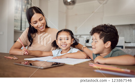 Family, children and education with a girl, boy and mother doing homework or learning at a dining room table of the home. Kids, love and school with a woman teaching her daughter and son in a house Family, children and education with a girl, boy and mother doing homework or learning at a dining room table of the home. Kids, love and school with a woman teaching her daughter and son in a house 123867546