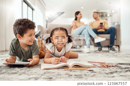 Happy family, learning and kids on a floor, drawing, bonding and relax with parents on sofa in the background. Children, learning and family quality time in a living room with boy and girl having fun Happy family, learning and kids on a floor, drawing, bonding and relax with parents on sofa in the background. Children, learning and family quality time in a living room with boy and girl having fun 123867557