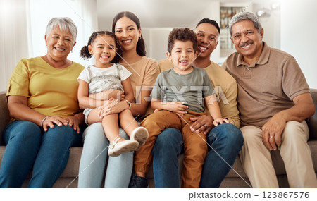 Relax, smile and big family on the sofa in the living room of their house for love, happiness and care. Portrait of happy and young kids with grandparents, mother and father on the sofa for bonding Relax, smile and big family on the sofa in the living room of their house for love, happiness and care. Portrait of happy and young kids with grandparents, mother and father on the sofa for bonding 123867576