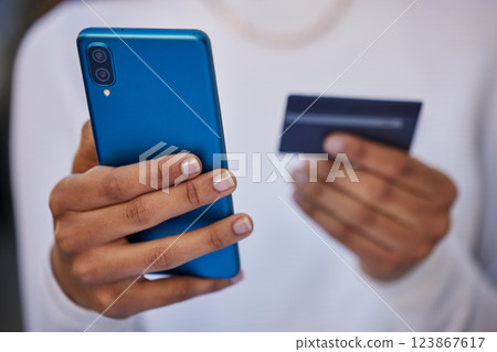 Finance, credit card and payment with phone and woman check for online shopping, investment and internet banking. Security, password and fintech with hands of customer for ecommerce, sales and app 123867617