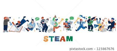描繪 STEAM 教育特徵和學生未來教育的插圖 123867676
