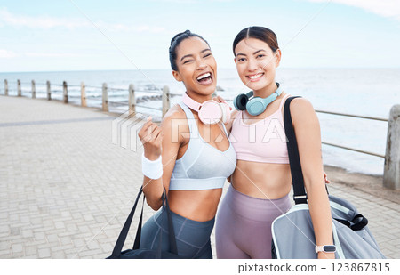 Women after beach workout, portrait of friends with healthy exercise lifestyle in summer and Monaco sidewalk with sports bag. Happy young girls, body fitness by sea together and outdoor gym training Women after beach workout, portrait of friends with healthy exercise lifestyle in summer and Monaco sidewalk with sports bag. Happy young girls, body fitness by sea together and outdoor gym training 123867815