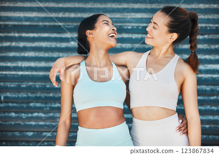 Happy, fitness and friends on an outdoor workout together in the city for health, wellness and exercise. Happiness, smile and healthy women athletes doing sports training outside in a urban town. Happy, fitness and friends on an outdoor workout together in the city for health, wellness and exercise. Happiness, smile and healthy women athletes doing sports training outside in a urban town. 123867834