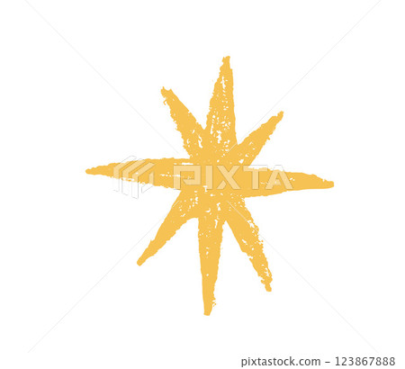 Crayon drawn golden sparkle star. Space shine shape. Blings doodle. Vector charcoal handdrawn monochrome scribble illustration isolated on white background. Crayon drawn golden sparkle star. Space shine shape. Blings doodle. Vector charcoal handdrawn monochrome scribble illustration isolated on white background. 123867888