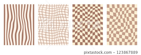 Groovy checkerboard pattern set. Psychedelic checker background pack. Trippy y2k retro vertical textures. Funky abstract poster design templates. Vector playful flat geometric wavy grid illustration Groovy checkerboard pattern set. Psychedelic checker background pack. Trippy y2k retro vertical textures. Funky abstract poster design templates. Vector playful flat geometric wavy grid illustration 123867889