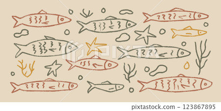 Fishes line doodle set. Sardines hand drawn scribble School of fish in the sea. Vector colorful nautical illustration by pencil isolated. Crayon or chalk naive underwater life 123867895