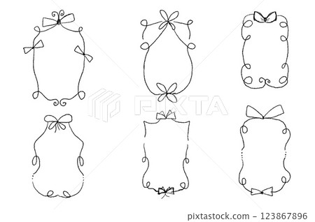 Vintage bows coquette frames set. Charcoal or pencil drawing Christmas decoration. Vector black borders for birthday party, picnic invitation. Templates with ribbon for festive and journal emphasis. 123867896