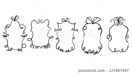 Doodle coquette frames with bows. Vintage scribble line wavy border with ribbons set. Vector cute curly rectangle and oval template for holiday menu. Minimalistic black cadre birthday hand drawn. 123867897