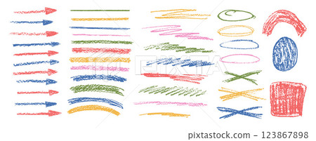 Chalk emphasis figure set. Crayon underline and arrows. Pencil scribble lines elements. Vector hand drawn brush stroke collection illustration on white background. Kids highlights handwritten shape 123867898