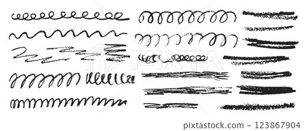Charcoal underline set. Pencil scribble lines pack. Chalk doodle rough strokes. Grunge uneven elements. Crayon emphasis shapes. Vector hand drawn collection illustration isolated on white background Charcoal underline set. Pencil scribble lines pack. Chalk doodle rough strokes. Grunge uneven elements. Crayon emphasis shapes. Vector hand drawn collection illustration isolated on white background 123867904