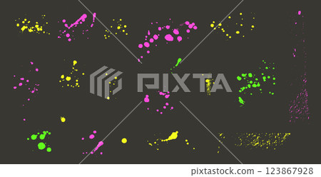Paint spray splatters set. Grunge graffiti splashes and drips pack. Ink spots and blob shapes. Collage smudge spill. Dirty liquid silhouette. Vector hand drawn illustration on dark background 123867928