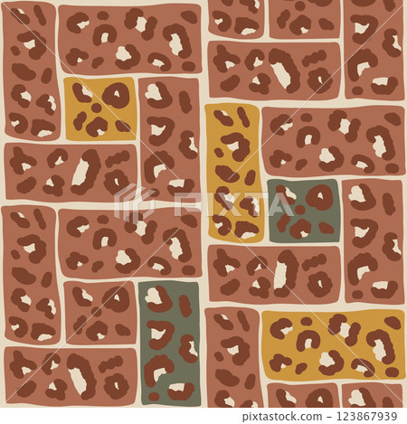 Leopard camouflage seamless pattern. Abstract animal print earth colors endless background. Cheetah or panther skin texture modular repeat bg. Vector brown bento grid ornament 123867939