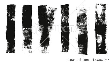 Paint brush strokes set. Linocut texture lines. Ink roller thick stripes background. Grunge letterpress rectangles. Dry black brayer stroke isolated on white background. Vector lino illustration Paint brush strokes set. Linocut texture lines. Ink roller thick stripes background. Grunge letterpress rectangles. Dry black brayer stroke isolated on white background. Vector lino illustration 123867946