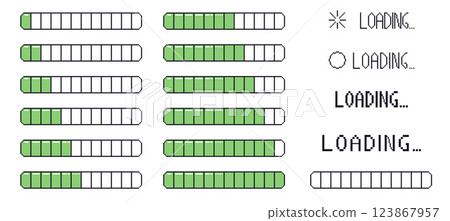 Pixel art loading bar interface. 8 bit game progress button elements set and text. Waiting signs in retro 80s style. Vector illustration isolated on white background Pixel art loading bar interface. 8 bit game progress button elements set and text. Waiting signs in retro 80s style. Vector illustration isolated on white background 123867957