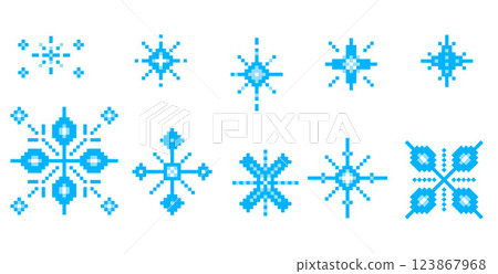 Pixel art snowflakes. 8 bit sparkles. Winter Christmas decoration in retro 90s style. Vector set illustration 123867968