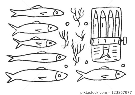Sardines line doodle set. Canned fish hand drawn scribble. tinned fishes. Open sardine tin. Vector conserve eat illustration by pencil isolated on white background. Crayon or chalk naive seafood Sardines line doodle set. Canned fish hand drawn scribble. tinned fishes. Open sardine tin. Vector conserve eat illustration by pencil isolated on white background. Crayon or chalk naive seafood 123867977