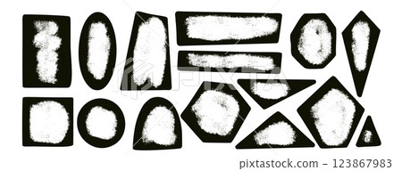 Kids black ink geometric shapes with empty space set. Text boxes paint spray textured frames. Rounded and square figures. Vector hand drawn quotation stickers shapes. Graffiti grunge geometry callout 123867983