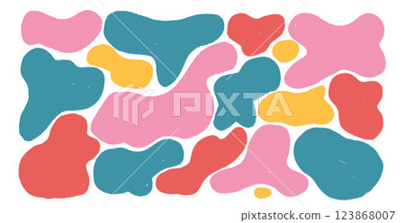 Colorful organic shapes set. Irregular splodge figures. Abstract textured craft fluid. Uneven shape splashes. Wavy blob stains. Curvy flat drops. Vector hand drawn background illustration 123868007