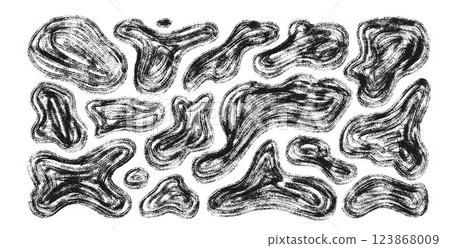 Organic rough shapes set. Irregular marker figures. Random abstract fluid paint. Uneven shape splashes. Wavy blob stains. Curvy liquid flat drops. Vector hand drawn charcoal background illustration 123868009