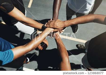 Hands, team and basketball in support, trust and coordination above for unity on the outdoor court. Hand of people in sports teamwork piling together for motivation and collaboration to win game 123868077