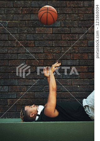Sports ball, ground and relax basketball man on the floor, practice shooting or ready for game, competition or workout. Athlete, person or healthy player lying after exercise, fitness or training run Sports ball, ground and relax basketball man on the floor, practice shooting or ready for game, competition or workout. Athlete, person or healthy player lying after exercise, fitness or training run 123868094