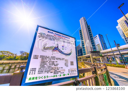 Tokyo cityscape in Japan, overlooking the Shiodome business district and the construction of the Ring Road No. 2 123868100