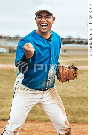 Man, baseball player or cheering success fitness game, training or workout on grass field or Mexico pitch. Smile, happy or excited sports athlete with winner fist, energy goals or softball motivation 123868109