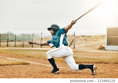 Baseball, sports and homerun with a man athlete or batter hitting and scoring during a game outdoor on a pitch. Sport, fitness and exercise with a male player on a field for training or a match Baseball, sports and homerun with a man athlete or batter hitting and scoring during a game outdoor on a pitch. Sport, fitness and exercise with a male player on a field for training or a match 123868128